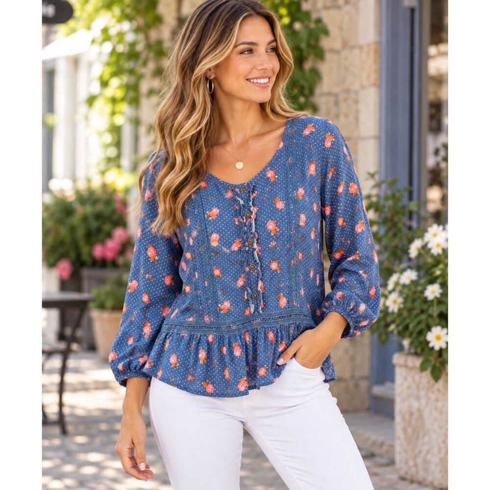 Matilda Jane Womens Size Large Blue Floral Top Polka Dot Ruffle Peplum Blouse